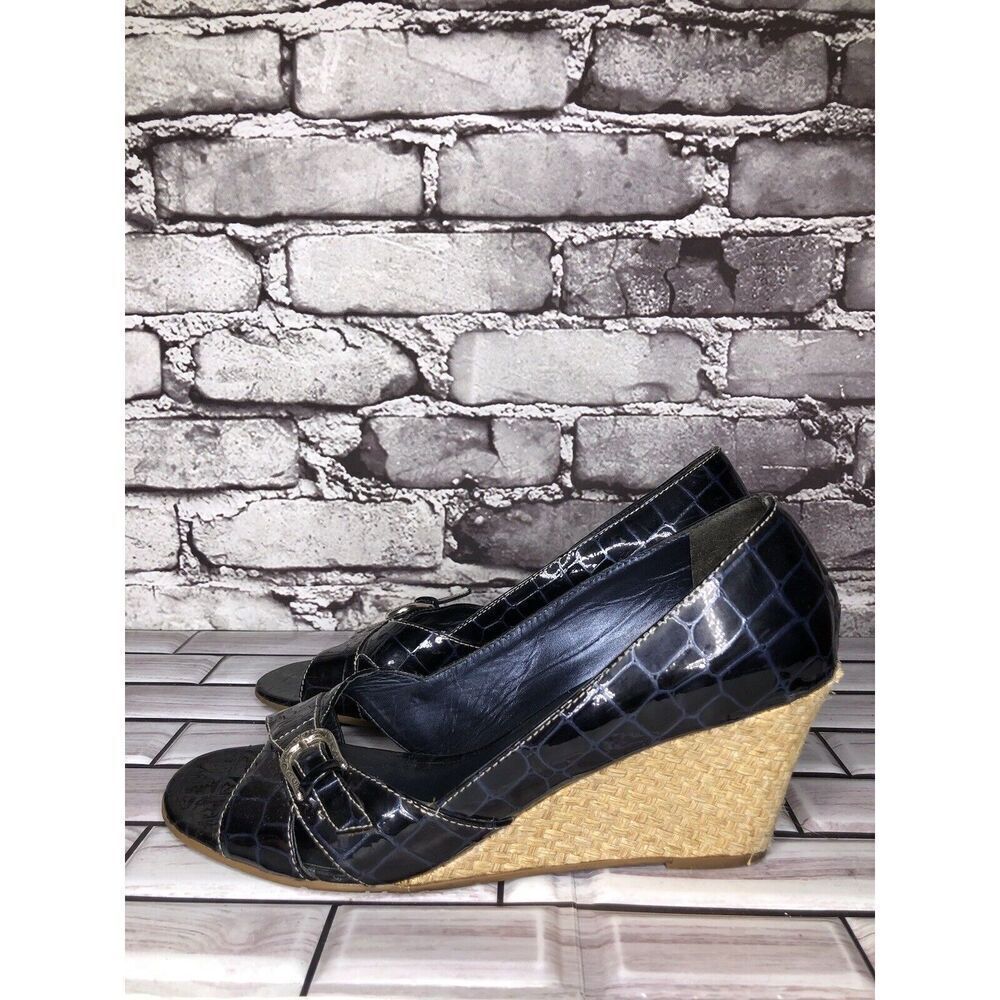 Brighton Riva Blue Croc Patent Leather Espadrille High Wedge Women Sz 9M US/40EU - Picture 15 of 16